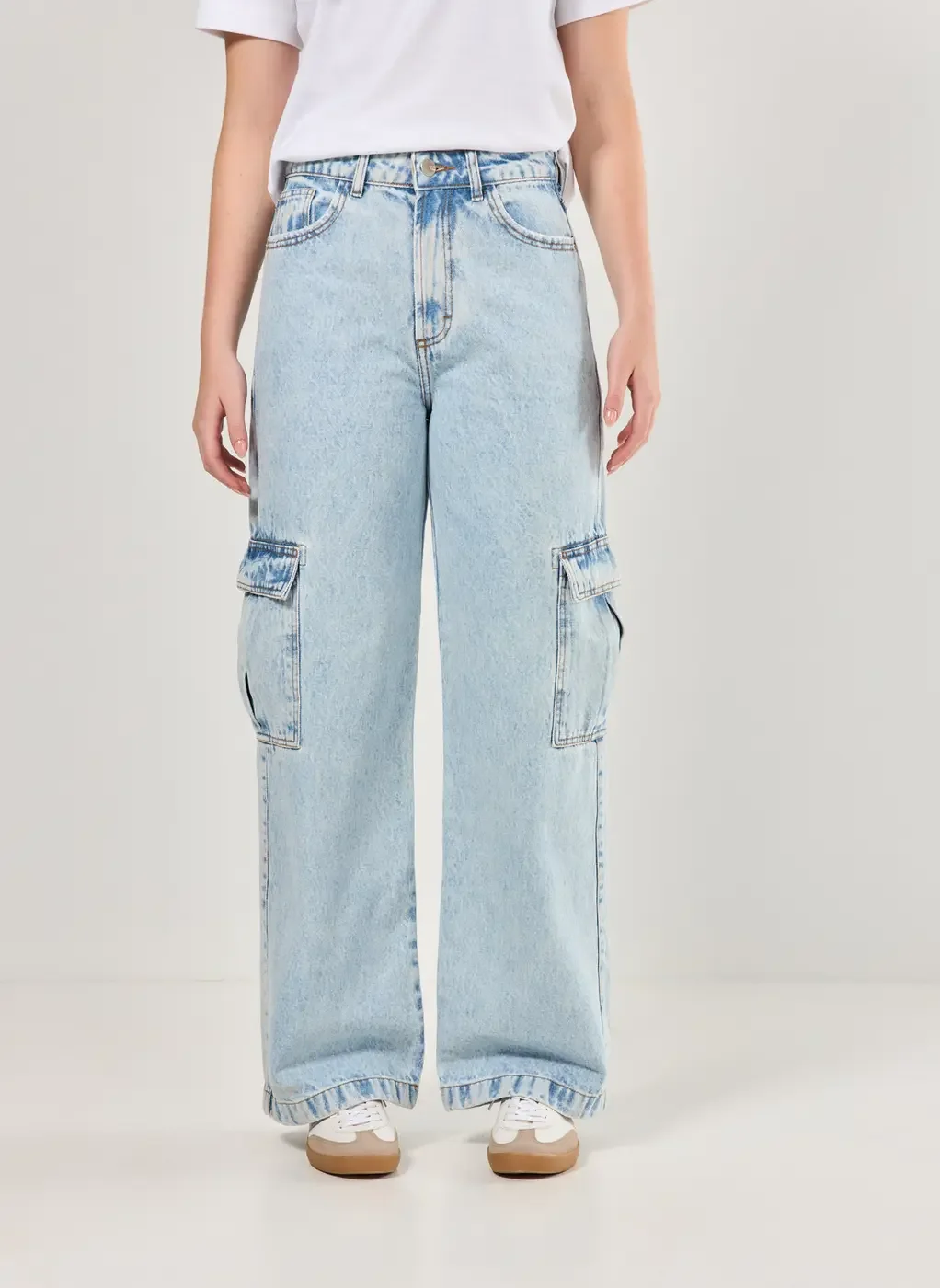 Calça Wide Leg Jeans Cargo