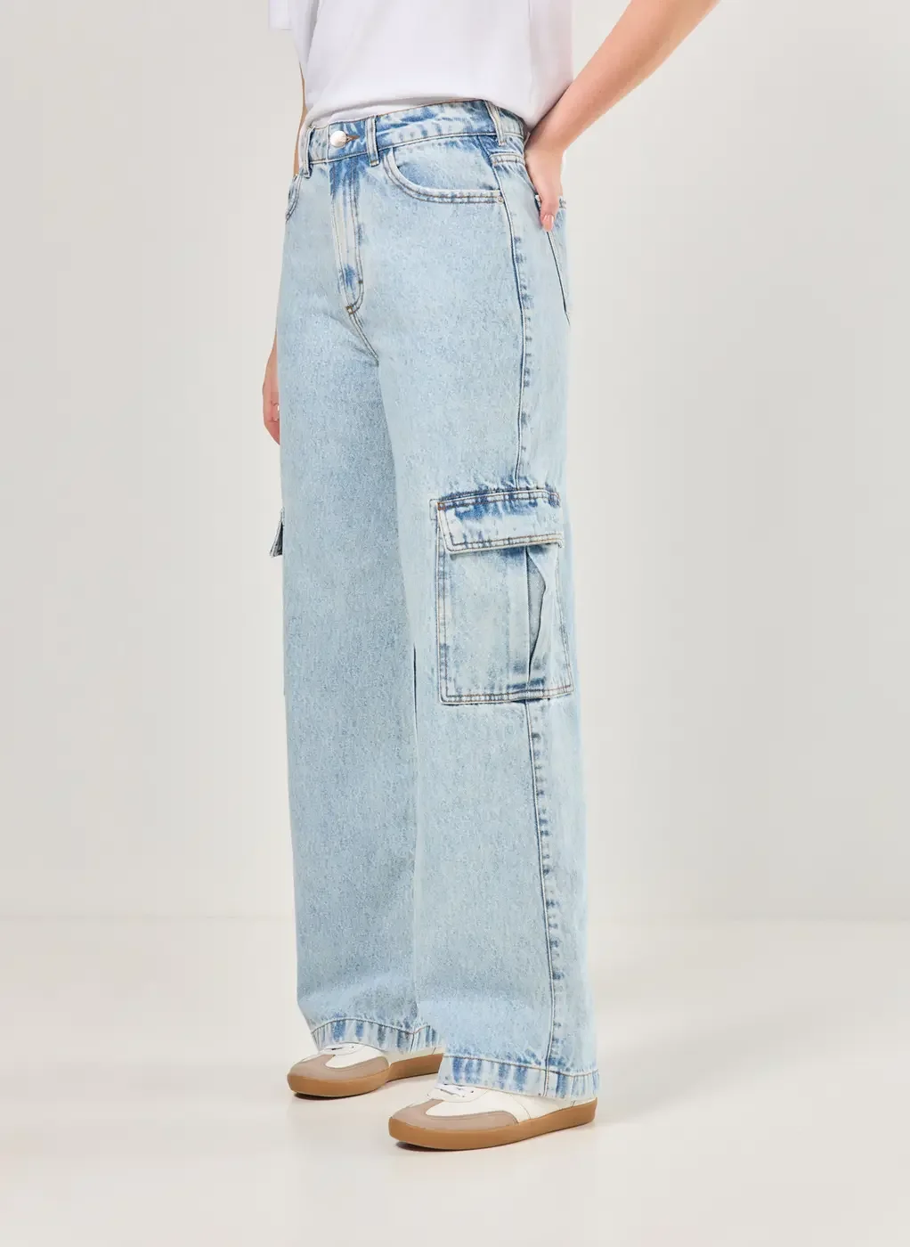 Calça Wide Leg Jeans Cargo
