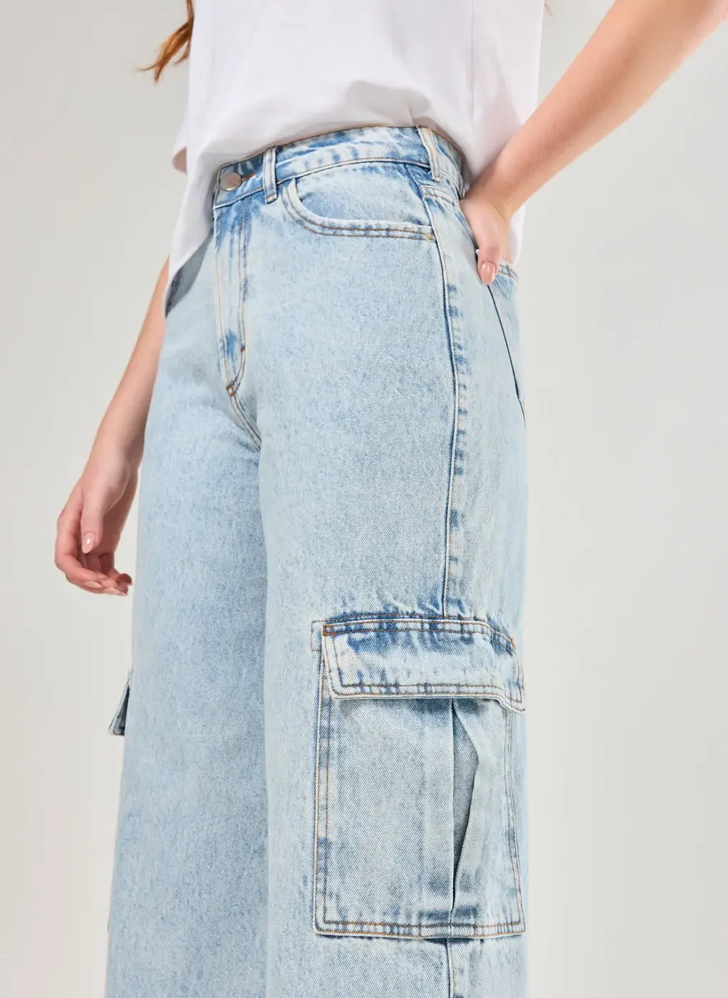 Calça Wide Leg Jeans Cargo