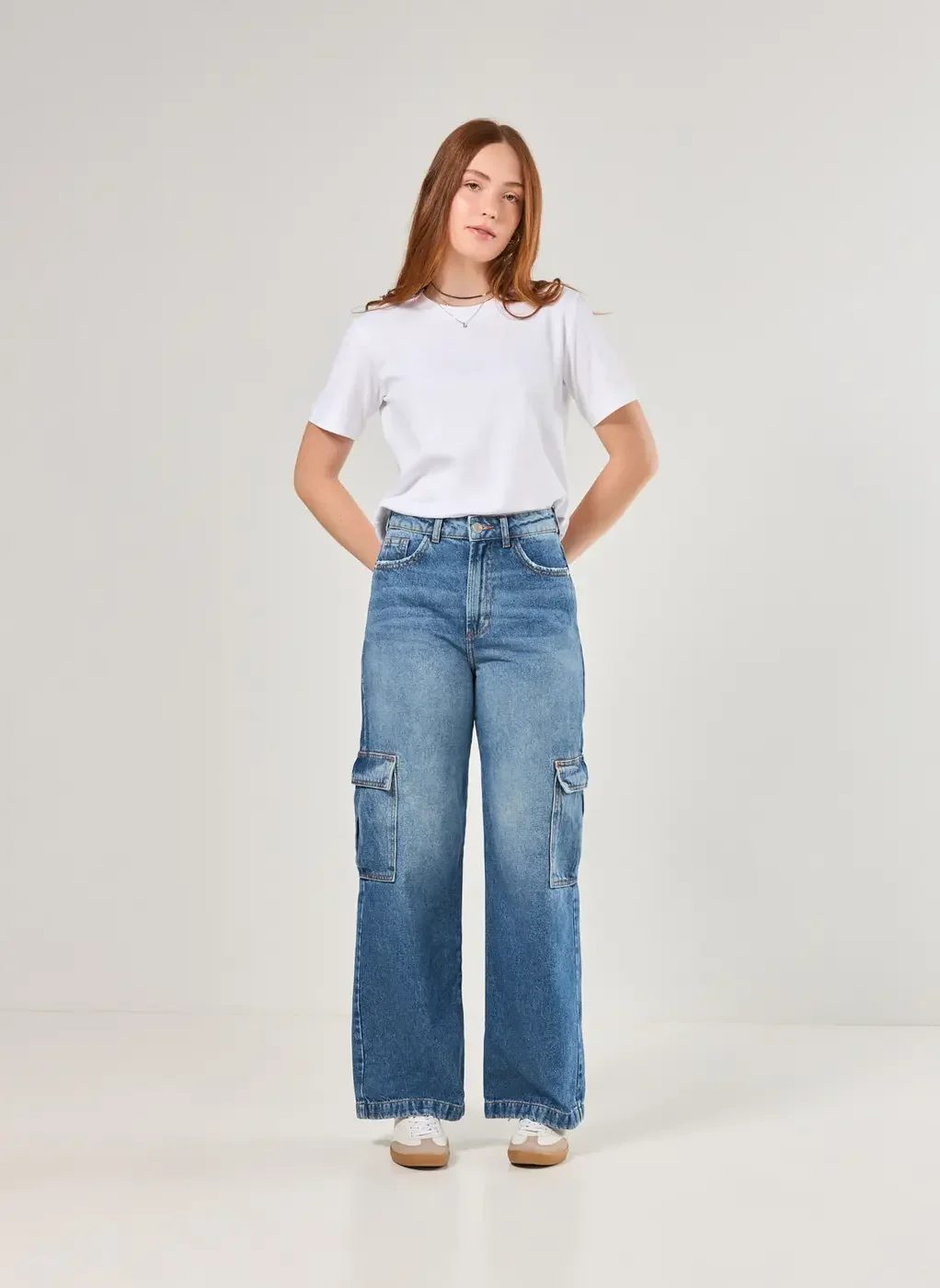Calça Wide Leg Jeans Cargo