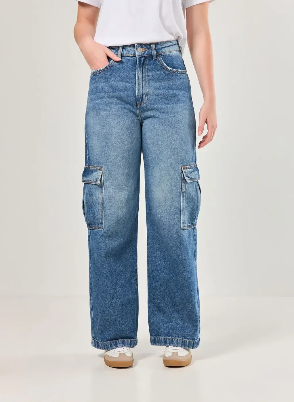 Calça Wide Leg Jeans Cargo
