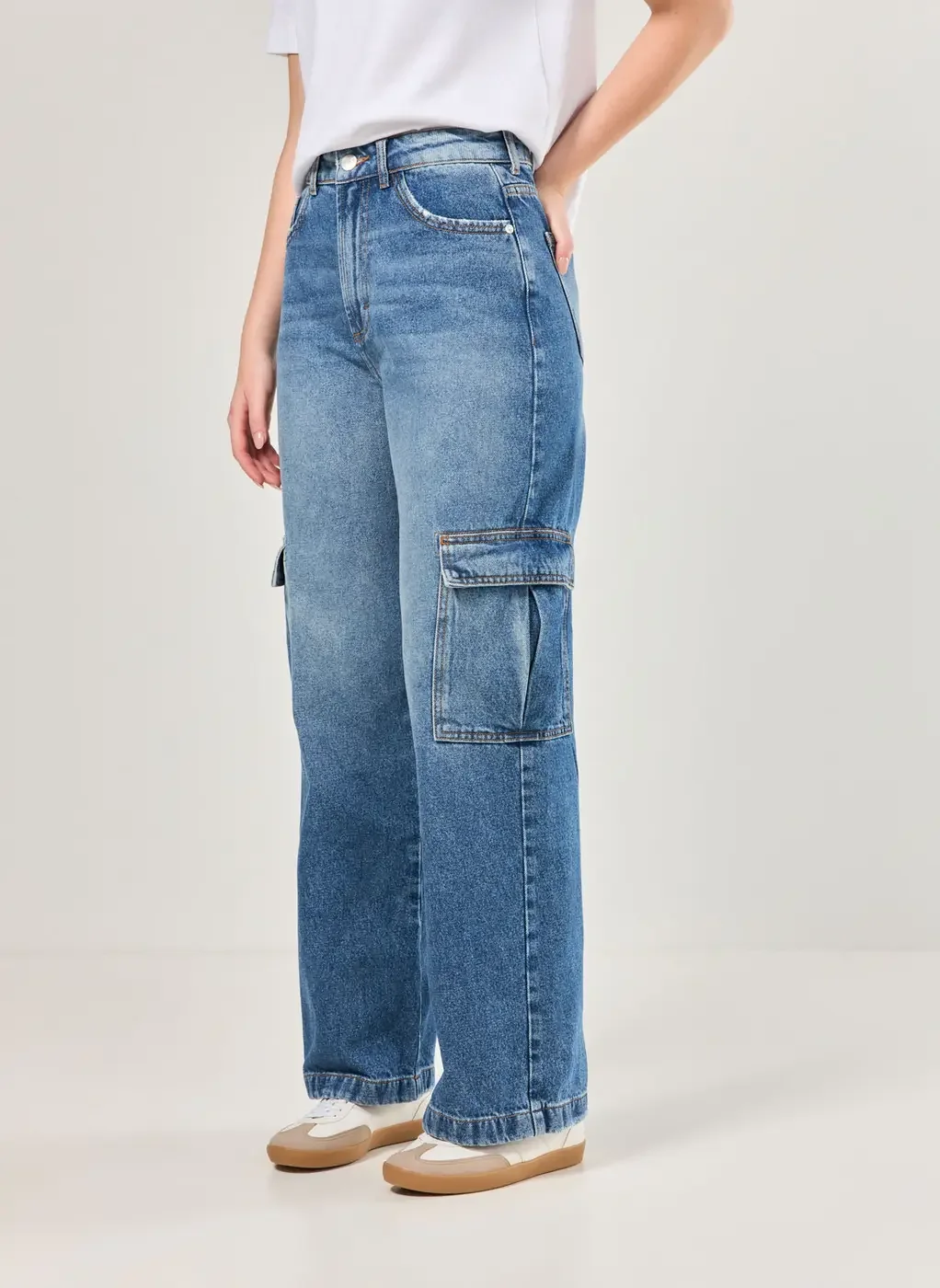 Calça Wide Leg Jeans Cargo