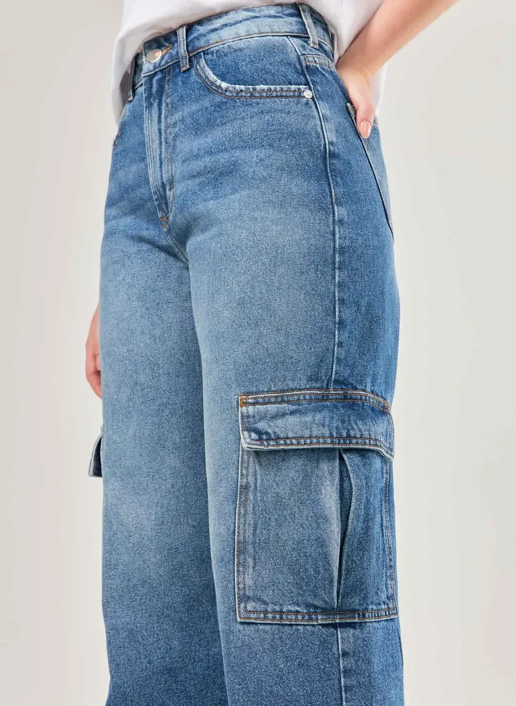 Calça Wide Leg Jeans Cargo