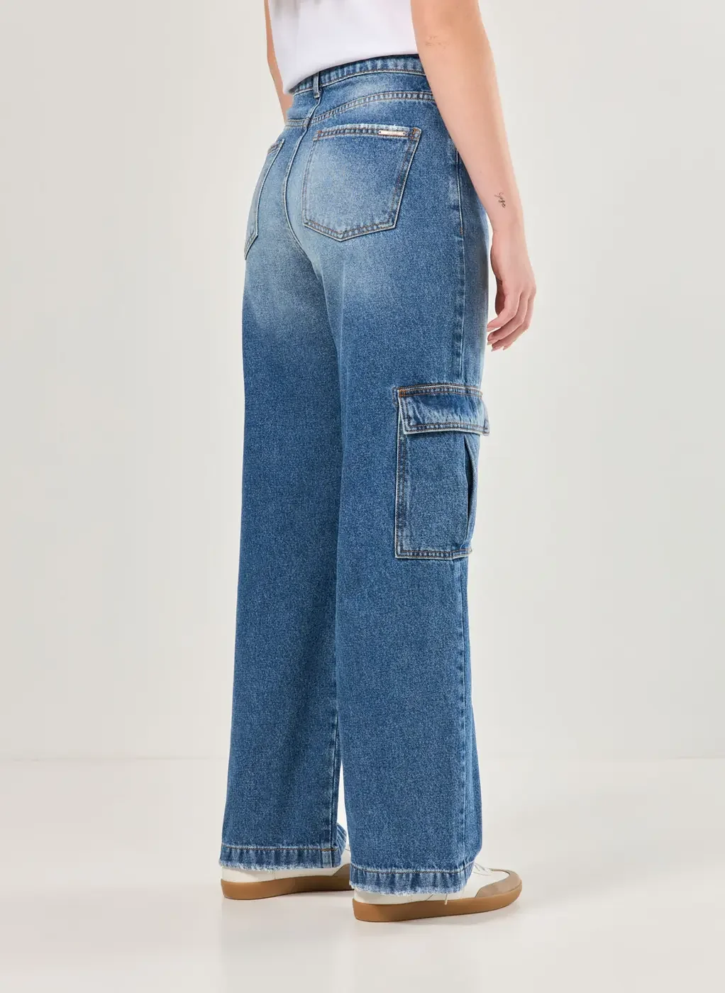 Calça Wide Leg Jeans Cargo