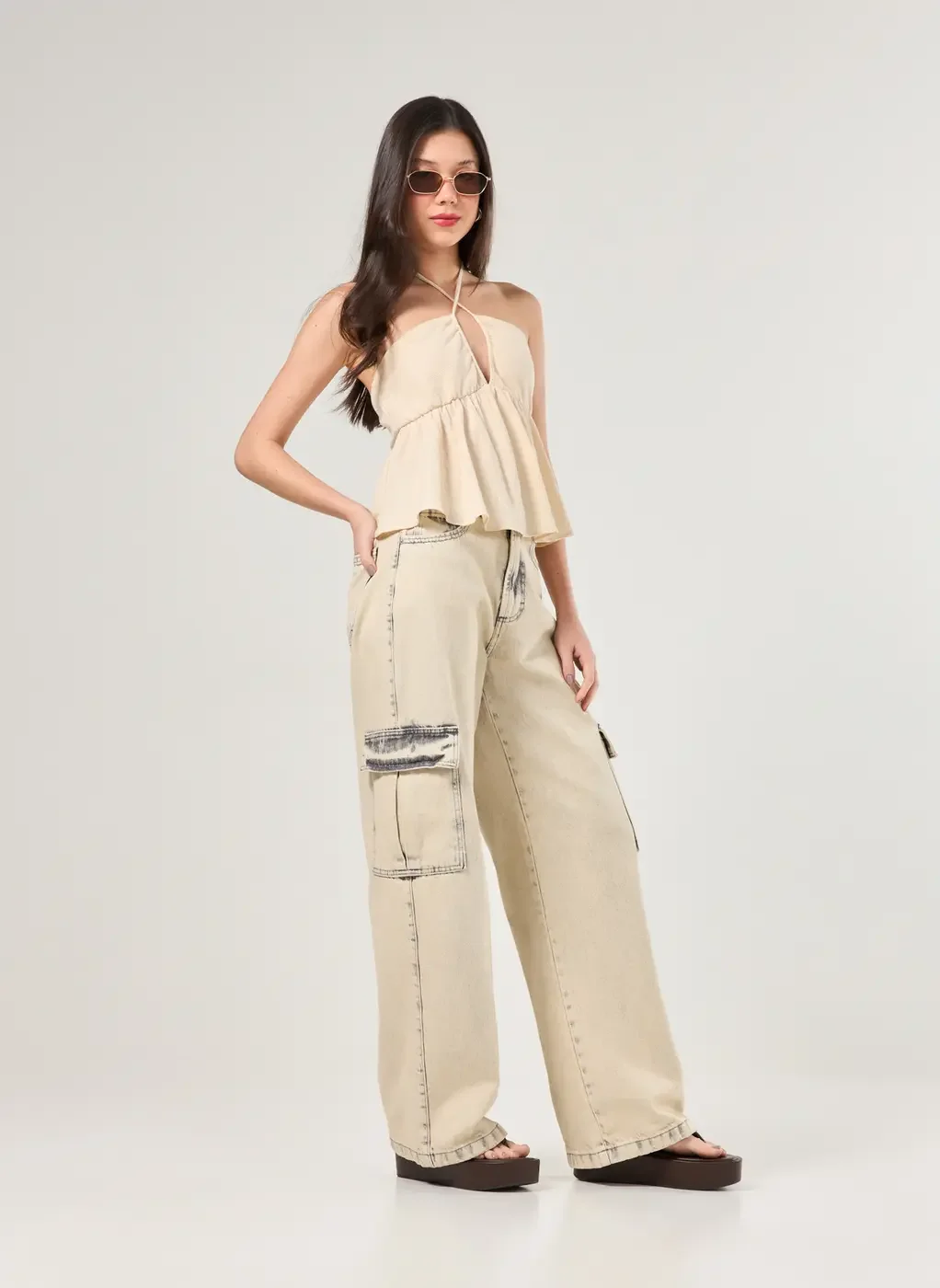 Calça Wide Leg Jeans Cargo