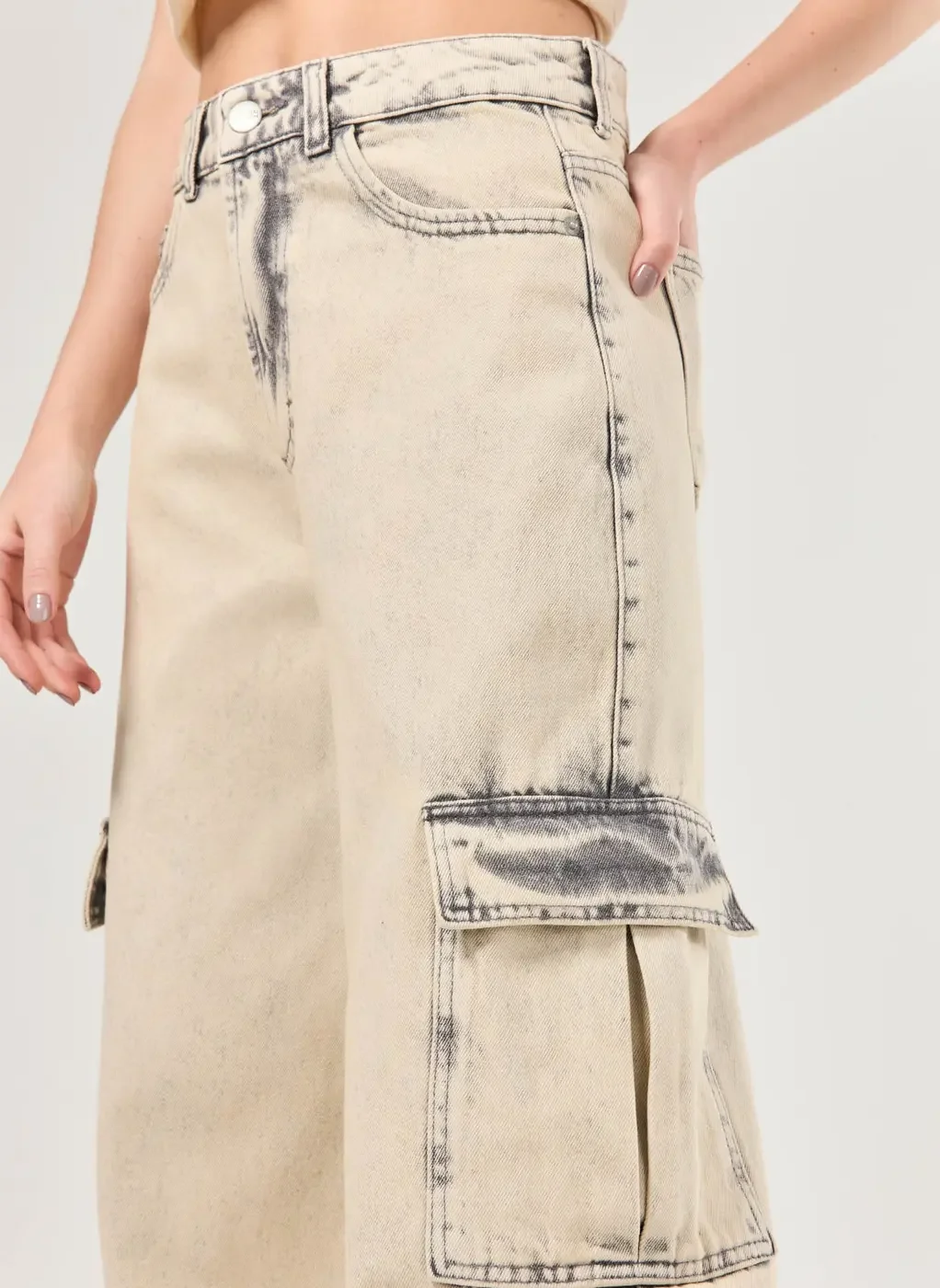 Calça Wide Leg Jeans Cargo