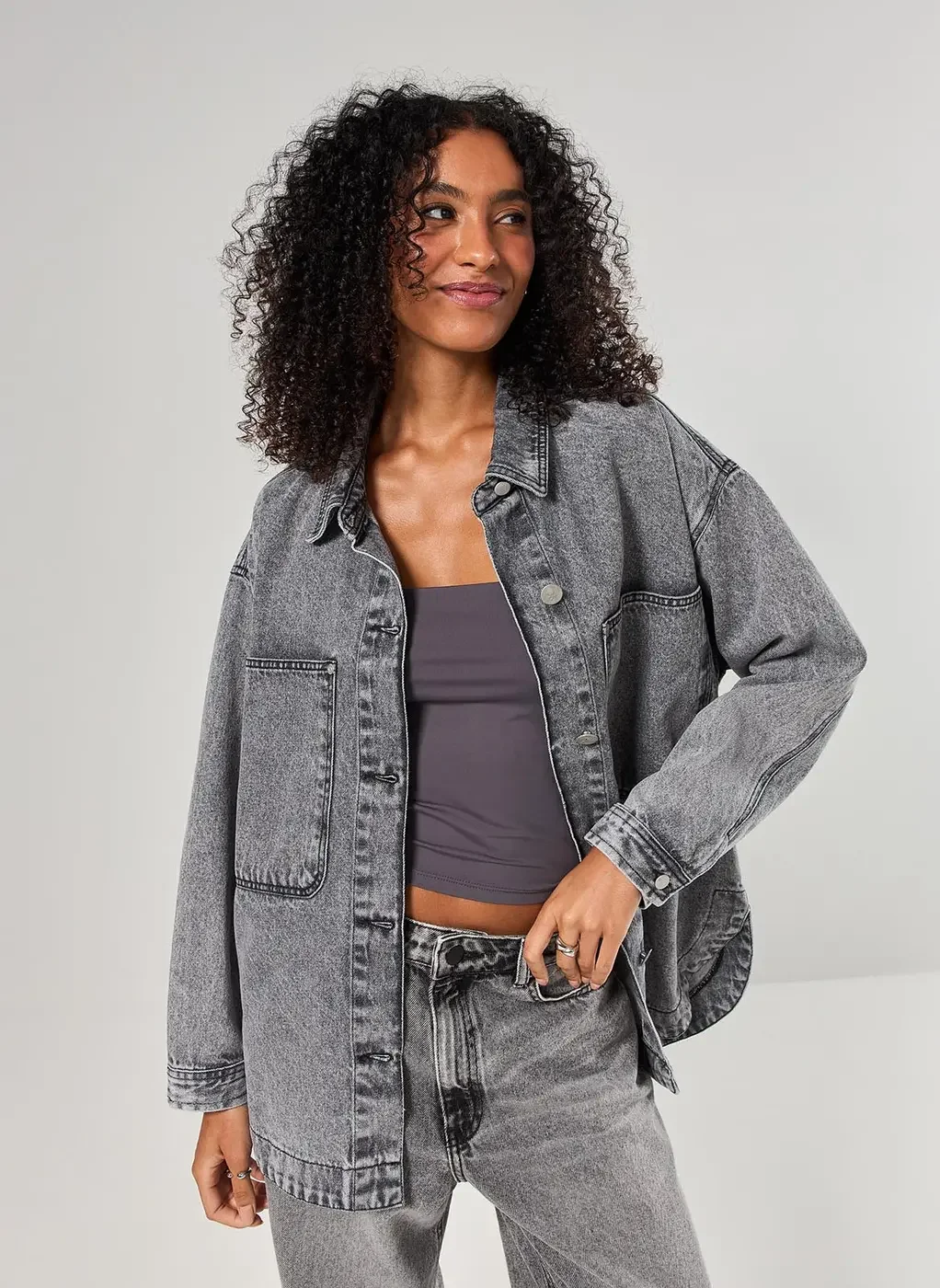 Jaqueta Estilo Camisa Jeans Cinza