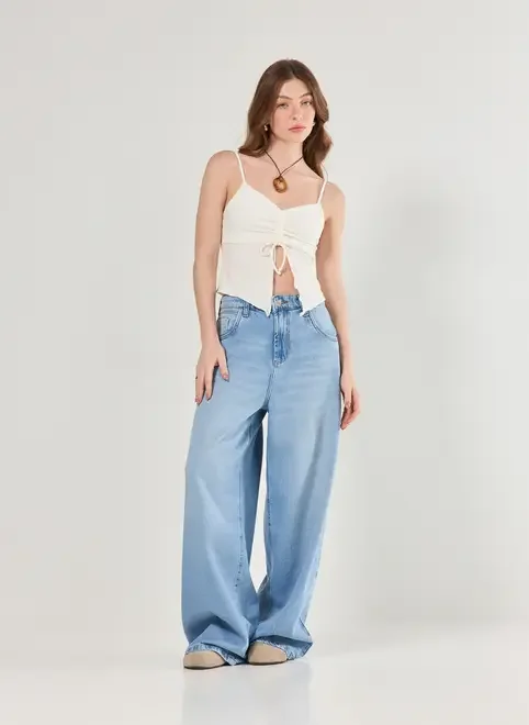 Calça Jeans Wide Leg Ampla Cintura Baixa
