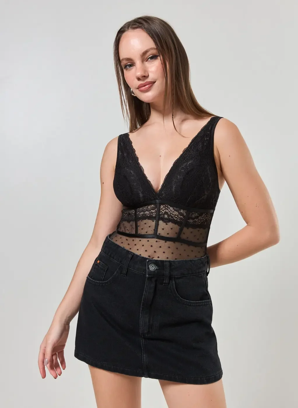 Body Tule E Renda Preto