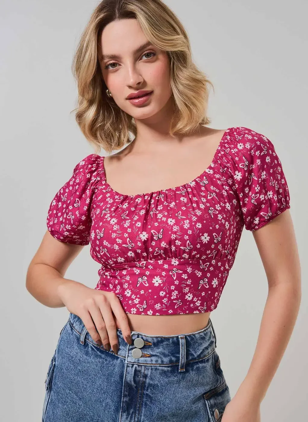 Cropped Romântico Rosa Estampado
