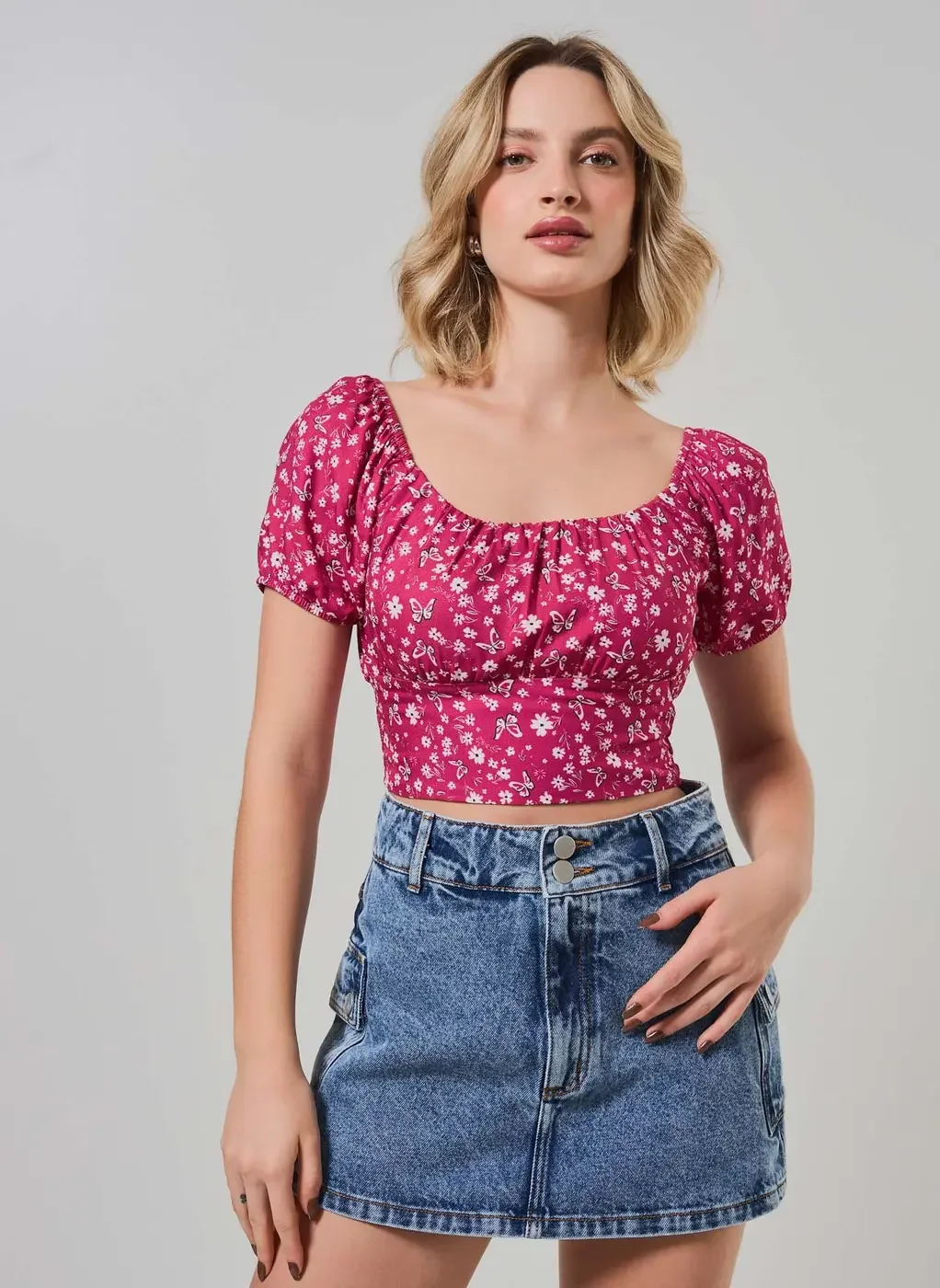 Cropped Romântico Rosa Estampado