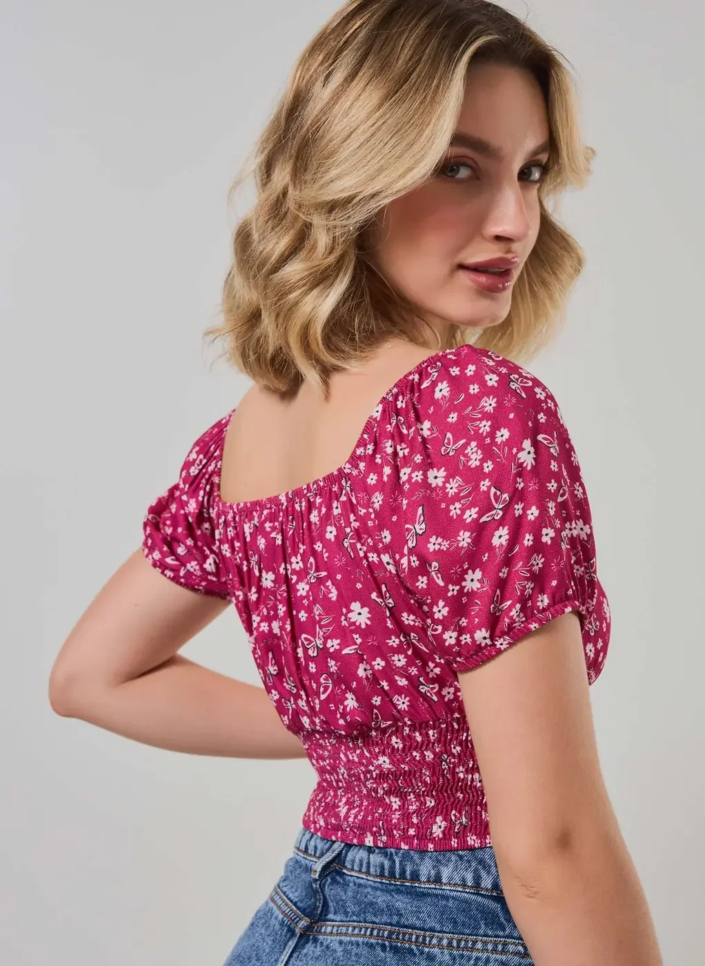 Cropped Romântico Rosa Estampado