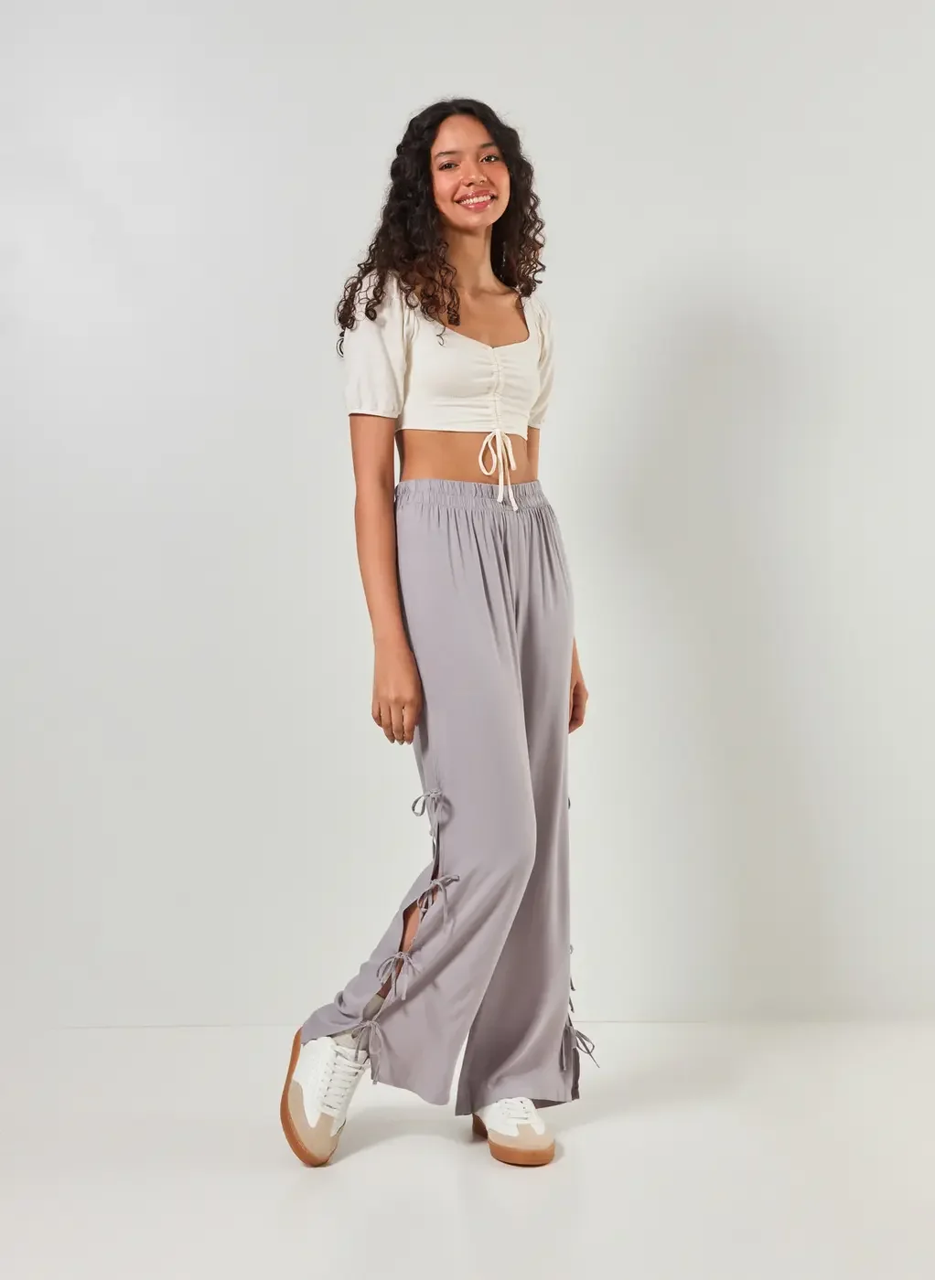 Blusa Cropped Com Franzido Manga Bufante