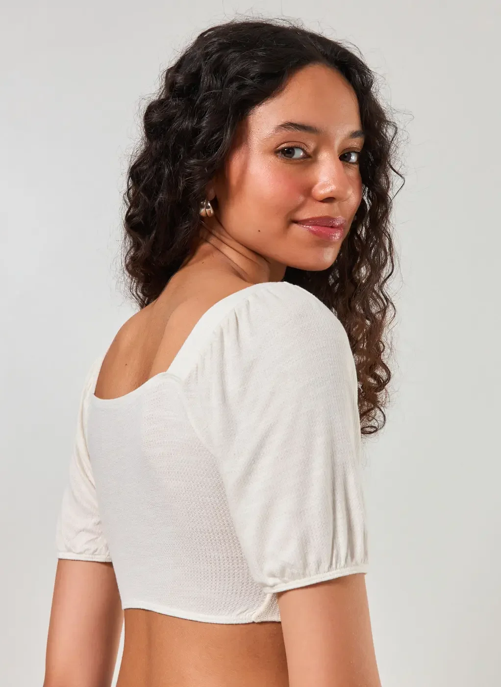 Blusa Cropped Com Franzido Manga Bufante