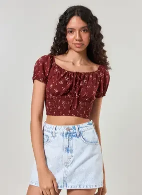 Cropped Lastex Bordô Florzinhas