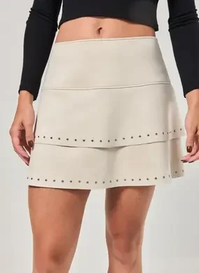 Saia Suede Com Babados E Tachas