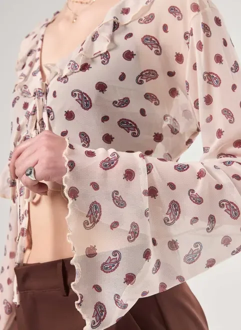 Blusa Manga Longa Em Tule Paisley