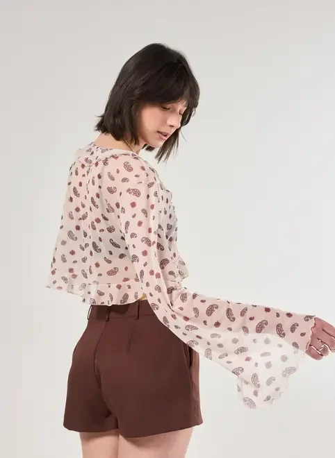 Blusa Manga Longa Em Tule Paisley