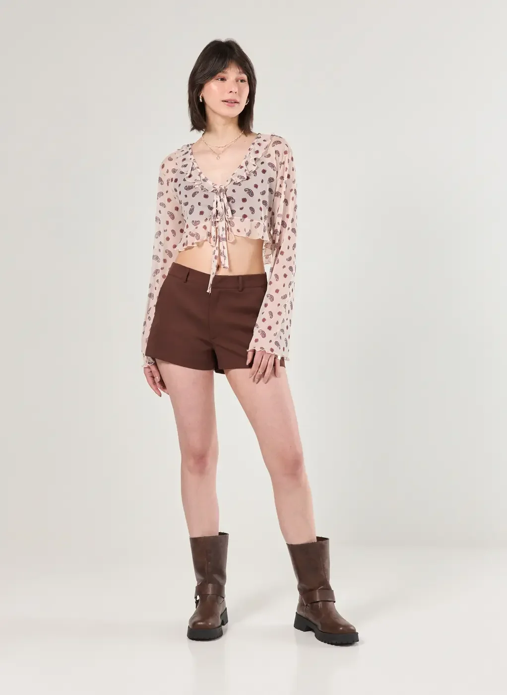 Blusa Manga Longa Em Tule Paisley