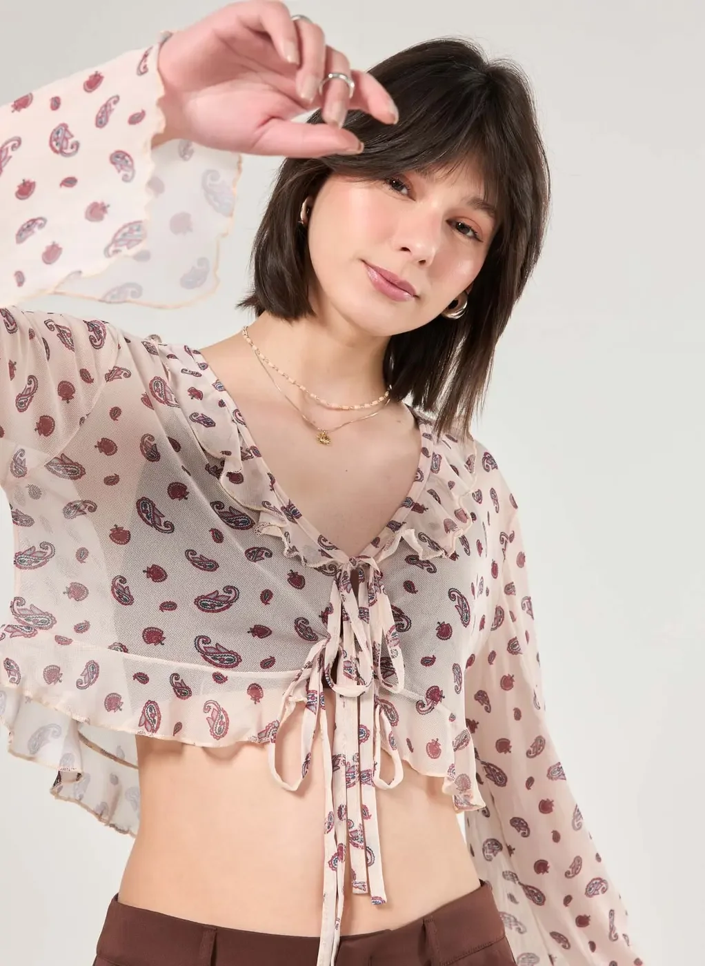 Blusa Manga Longa Em Tule Paisley