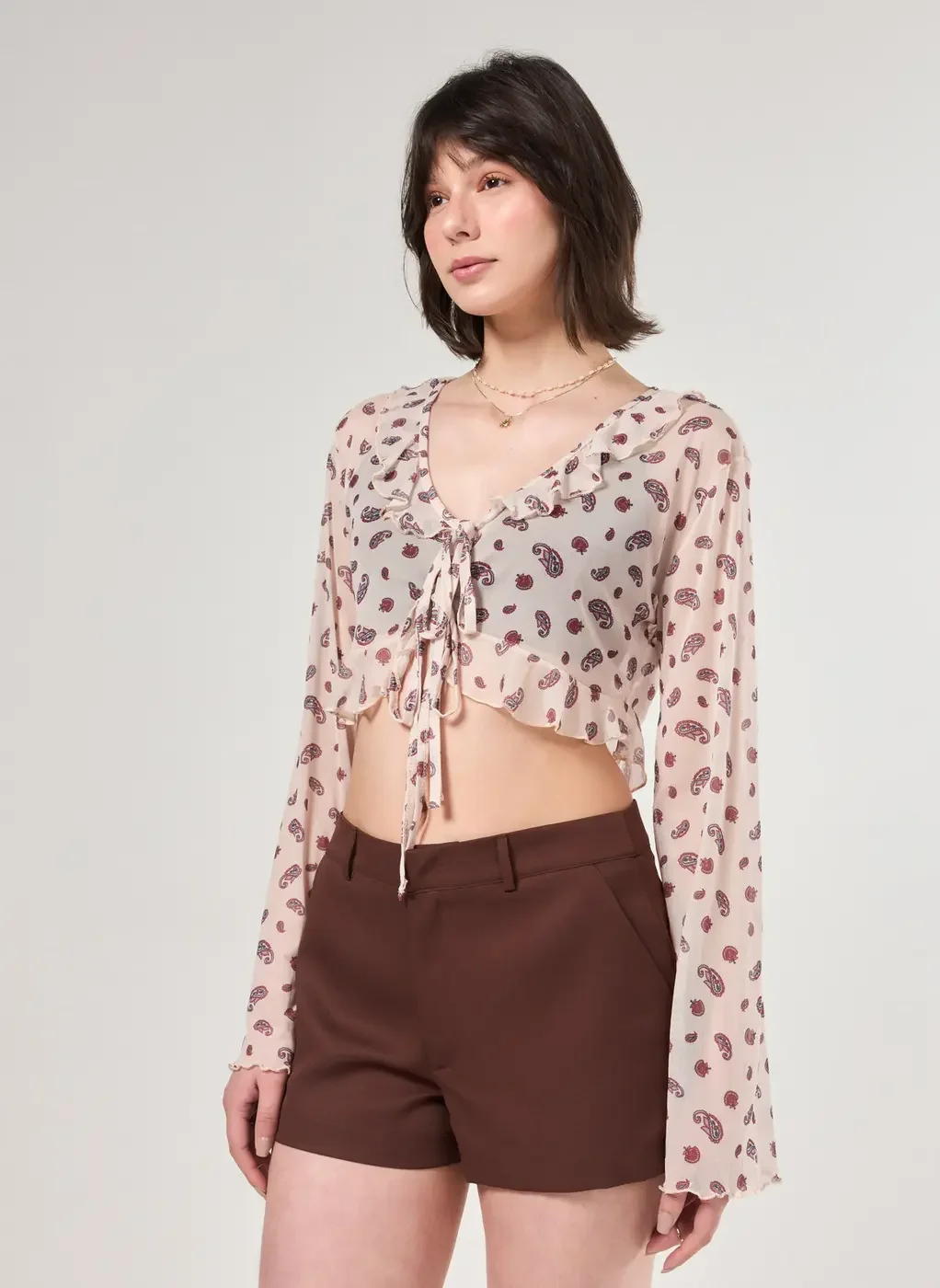 Blusa Manga Longa Em Tule Paisley