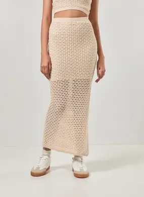 Saia Midi Crochê Areia Fenda