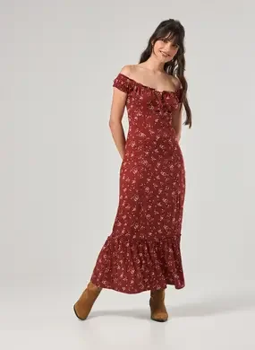 Vestido Midi Ombro A Ombro Vinho Florido