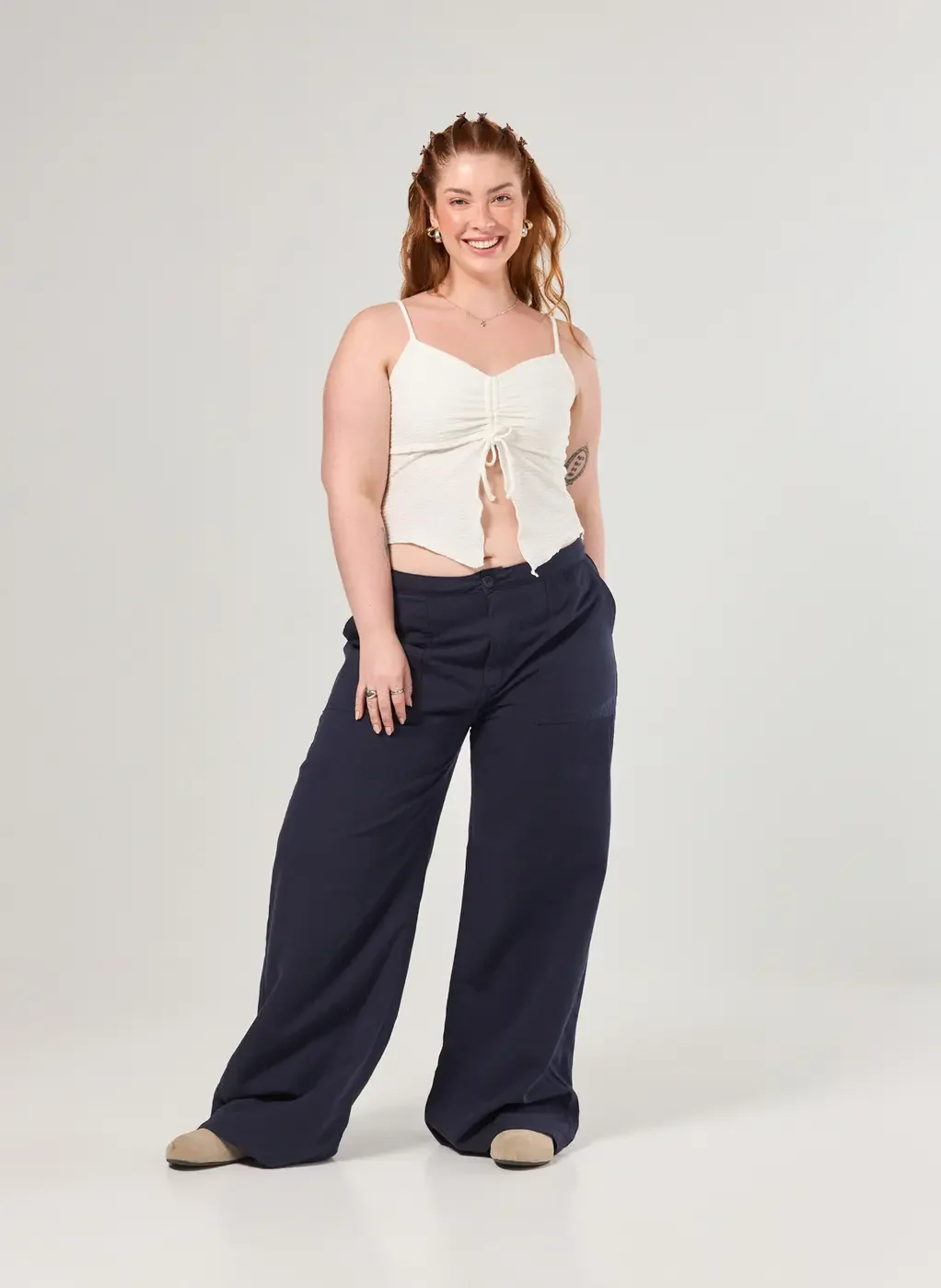 Calça Sarja Wide Leg Cintura Média