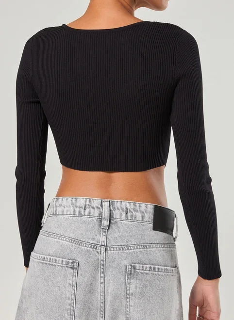 Blusa Manga Longa Corsetada Retilínea Preta