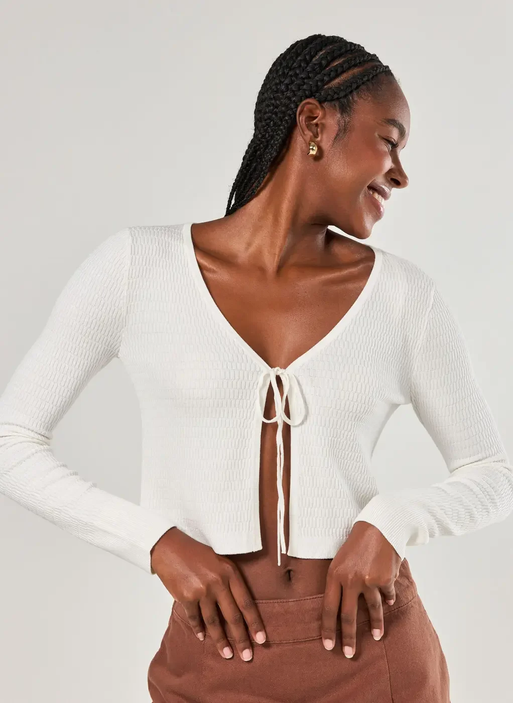 Blusa Manga Longa Branca Com Lacinho