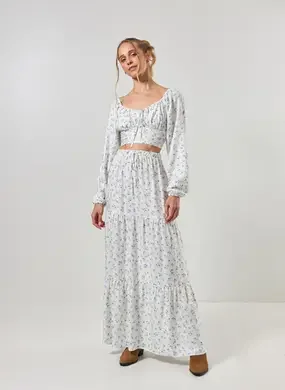 Saia Longa Off-White Flores Azuis
