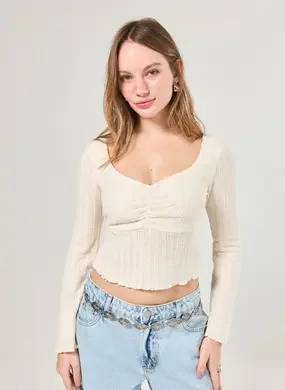 Blusa Manga Longa Textura Busto Franzido