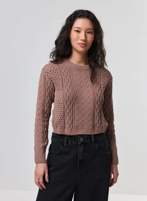 Blusa Manga Longa Cropped Tricô Vazado