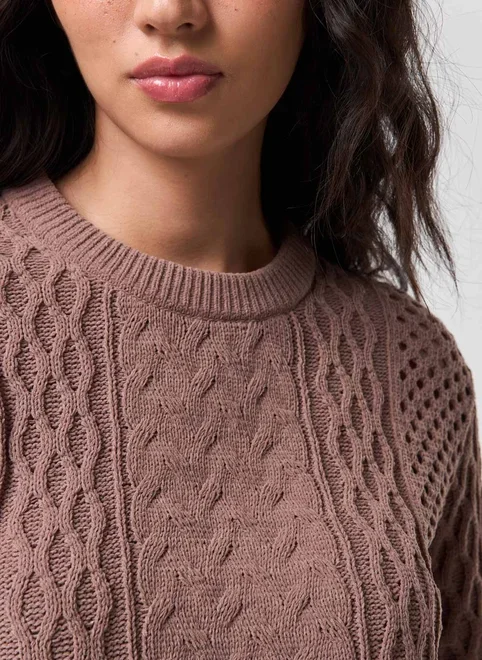 Blusa Manga Longa Cropped Tricô Vazado