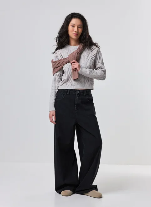 Blusa Manga Longa Cropped Tricô Vazado