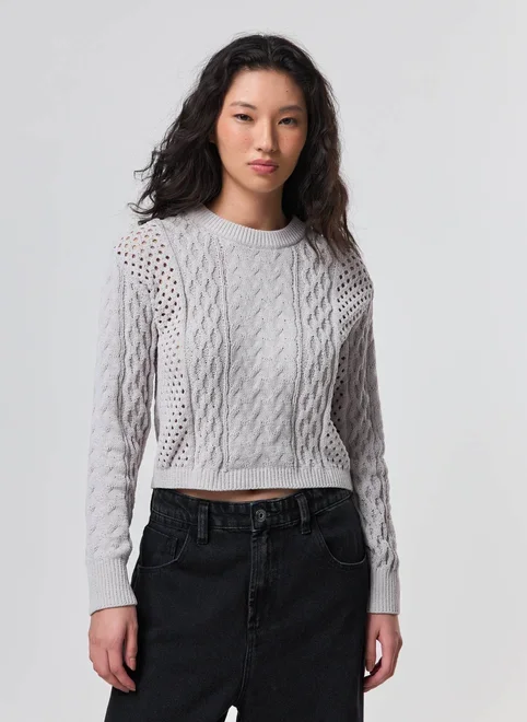 Blusa Manga Longa Cropped Tricô Vazado