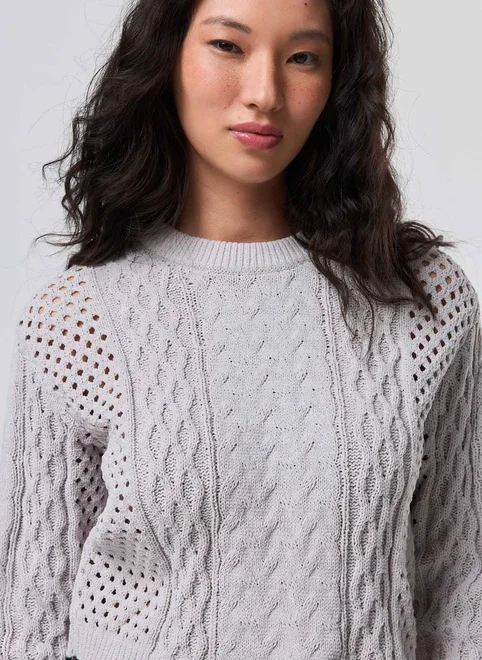 Blusa Manga Longa Cropped Tricô Vazado