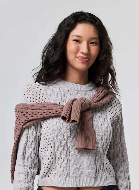 Blusa Manga Longa Cropped Tricô Vazado