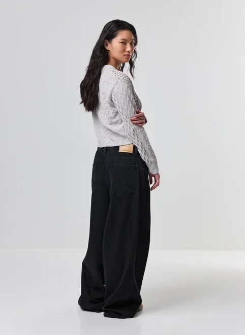 Blusa Manga Longa Cropped Tricô Vazado