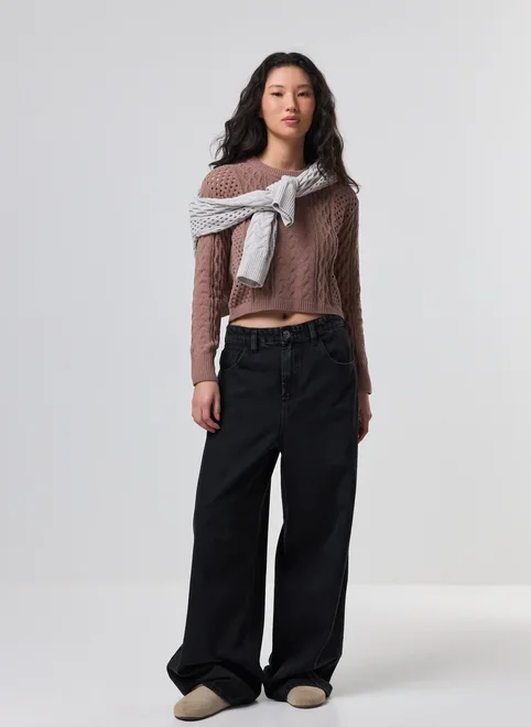 Blusa Manga Longa Cropped Tricô Vazado