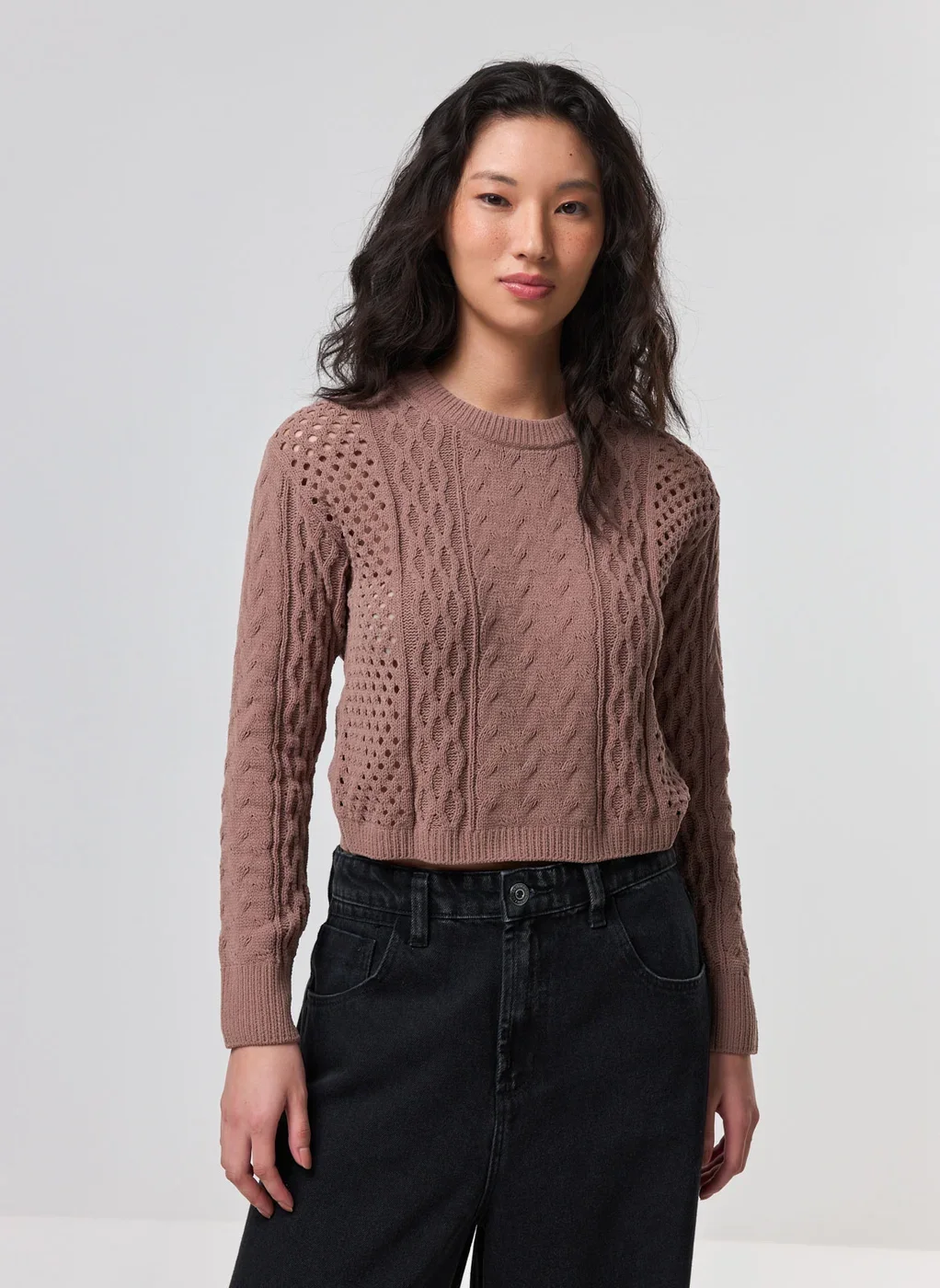 Blusa Manga Longa Cropped Tricô Vazado