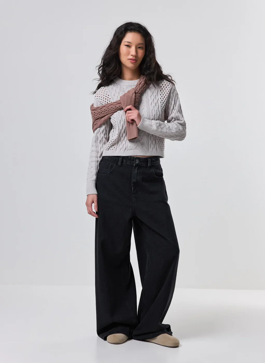 Blusa Manga Longa Cropped Tricô Vazado