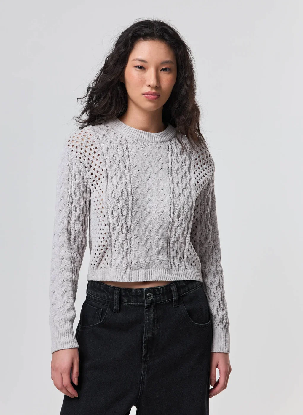 Blusa Manga Longa Cropped Tricô Vazado