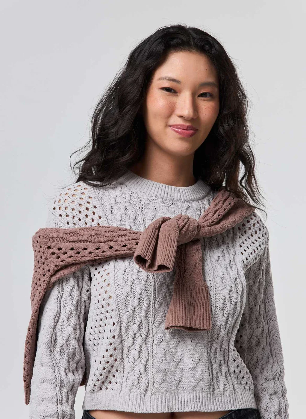 Blusa Manga Longa Cropped Tricô Vazado