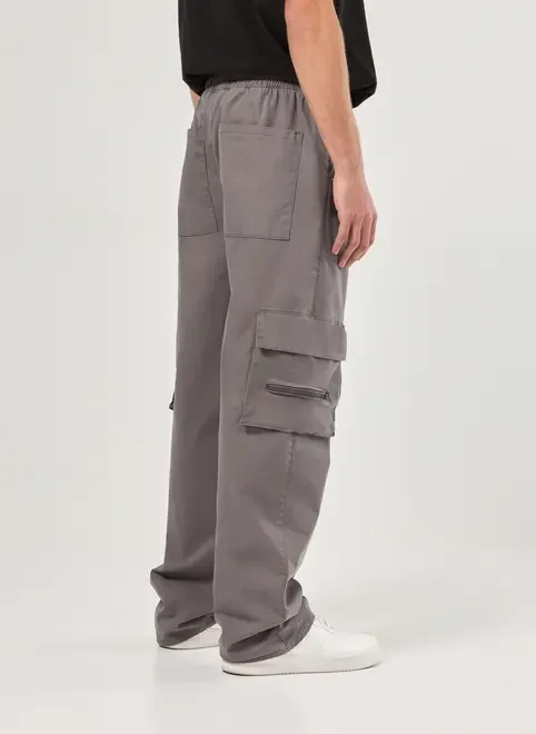 Calça Sarja Reta Cargo Com Cadarço