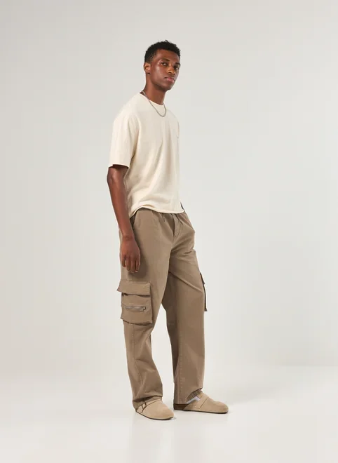 Calça Sarja Reta Cargo Com Cadarço