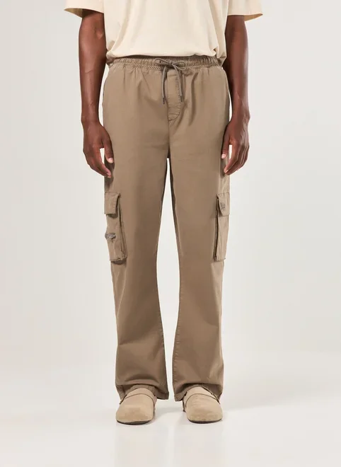 Calça Sarja Reta Cargo Com Cadarço