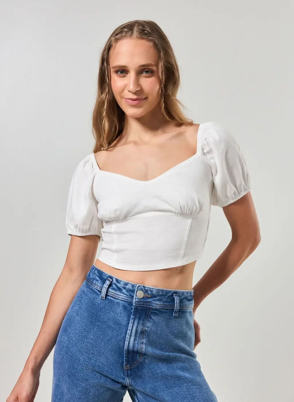 Cropped Linho Manga Bufante