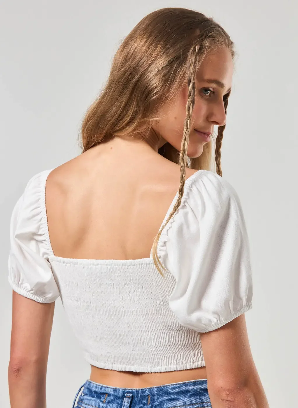 Cropped Linho Manga Bufante