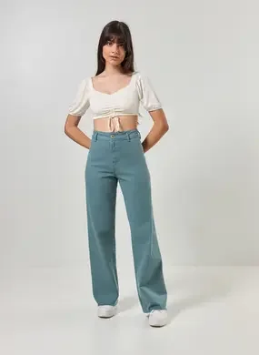 Calça Sarja Wide Leg Com Elastano